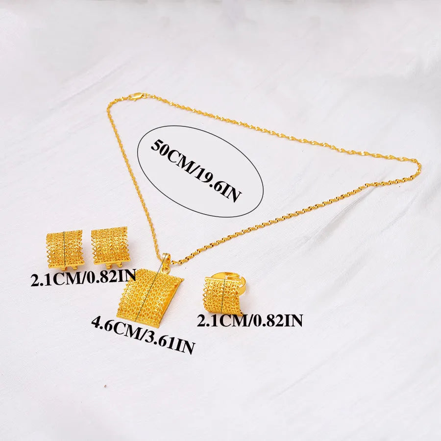 Golden bridal jewellery set with copper necklace, earrings, and ring wedding accessories
