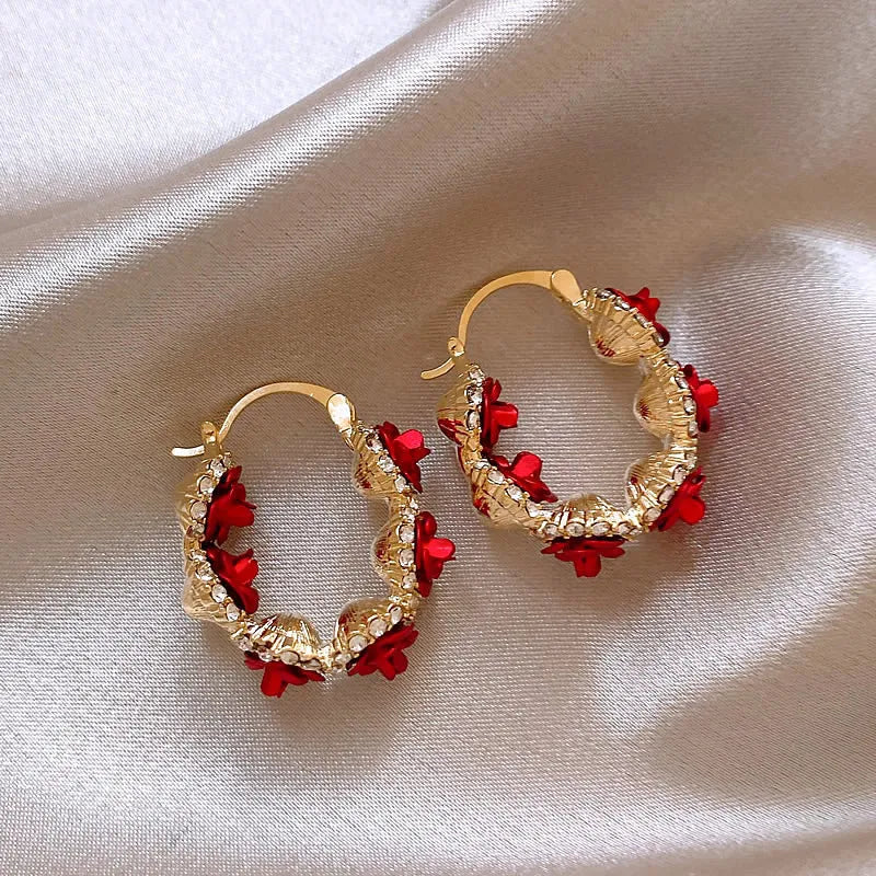 Red alloy flower ear clip with rose element design for women