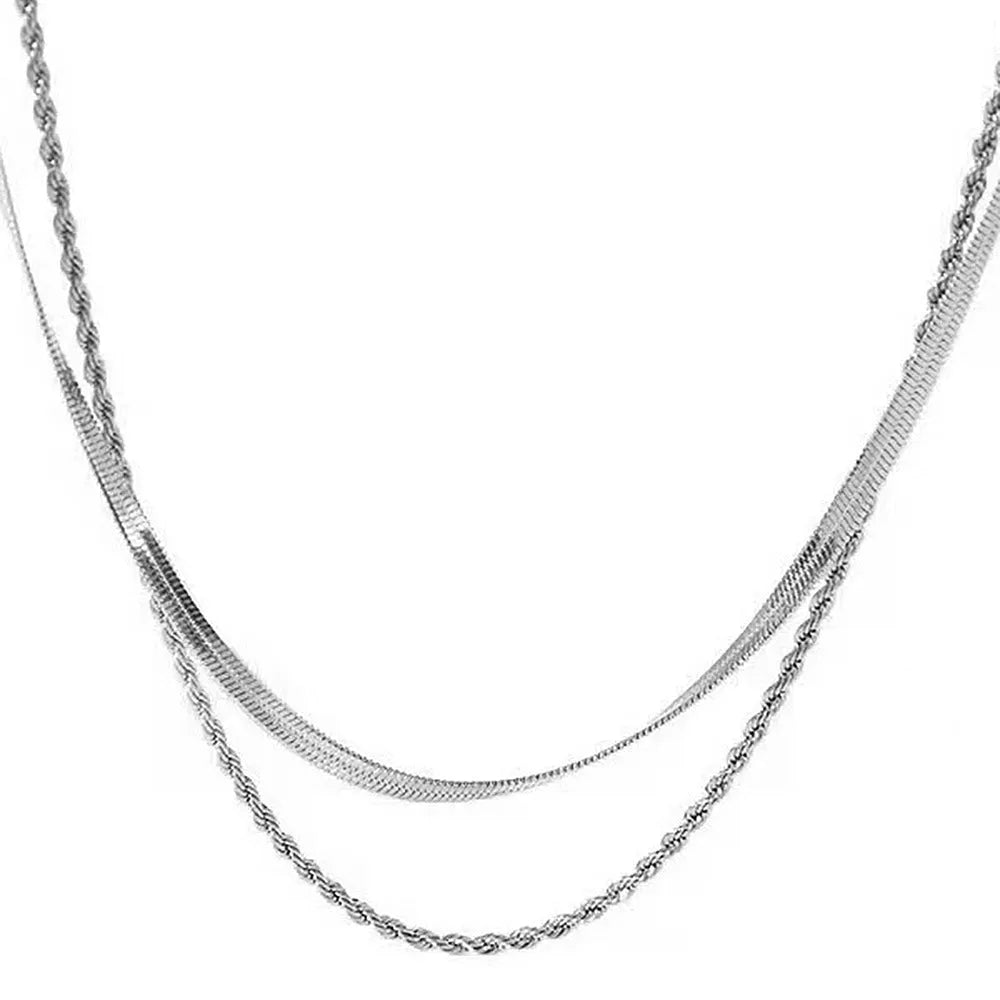 Women's retro double-layer twist necklace with geometric pendant on a snake bone chain