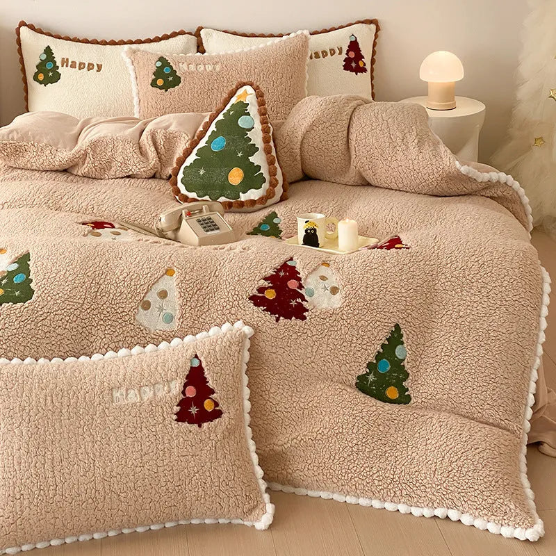 Bright yellow fleece-lined bedding set with cartoon Christmas tree pattern, shown with sheet, quilt cover, and two pillowcases.