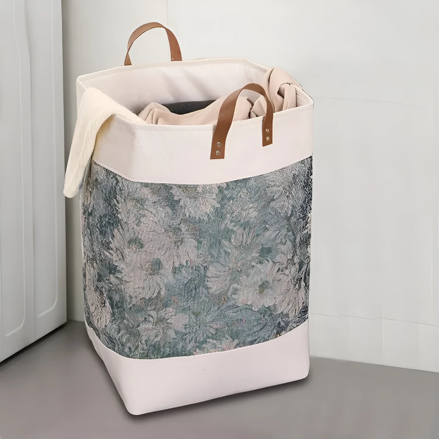 Fabric storage box organiser in a choice of colours including sunflower and ethnic blue, shown with dimensions 35cm x 35cm x 55cm.