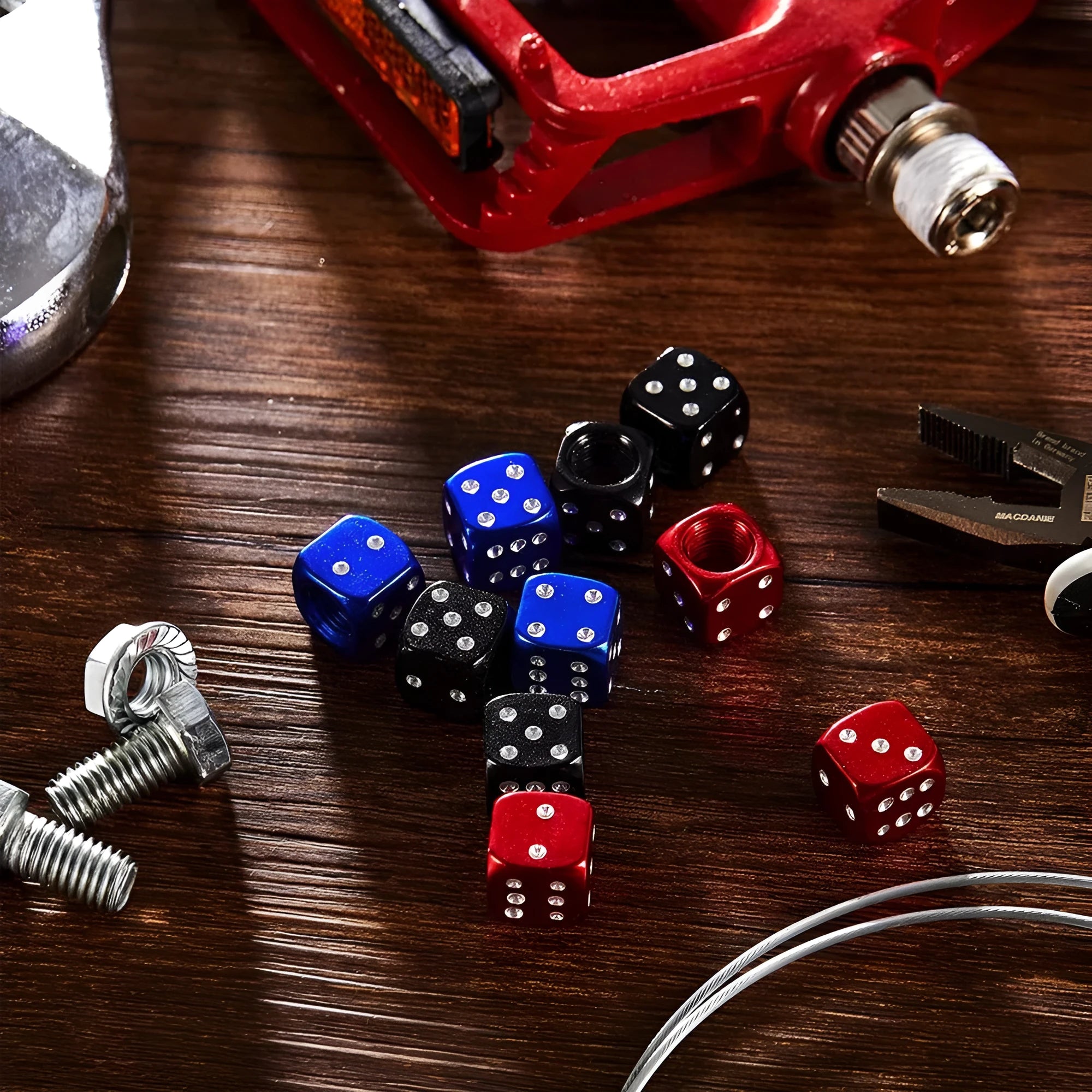 Aluminium alloy dice valve cap in silver on car tyre valve
