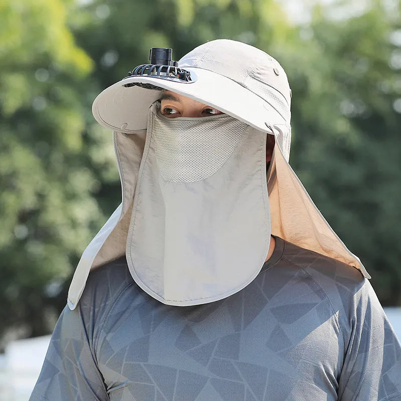 Men's sun protection hat with integrated USB fan and neck covering shawl in khaki colour