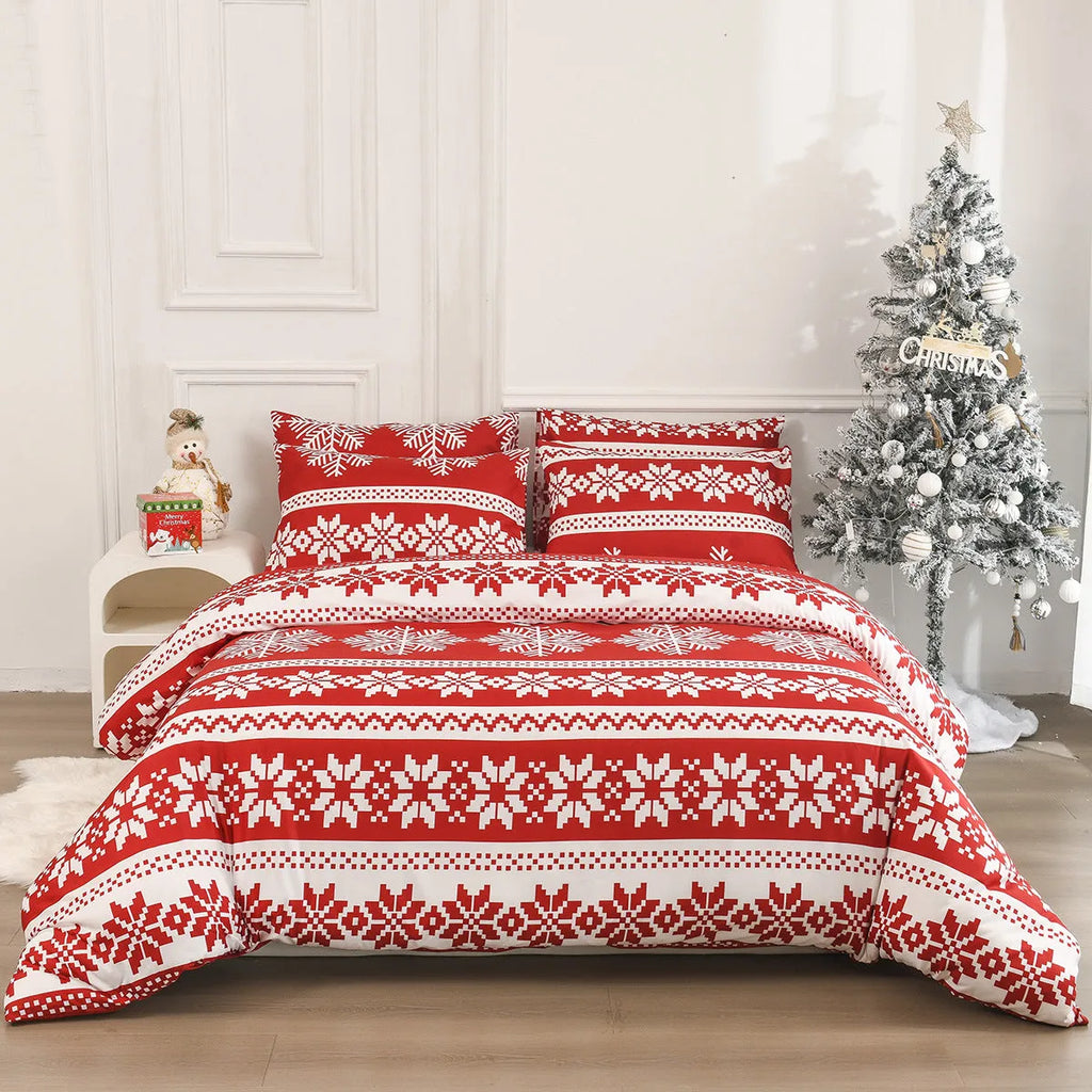 Red Christmas Love Song patterned bed linen three-piece set with quilt cover and pillowcases