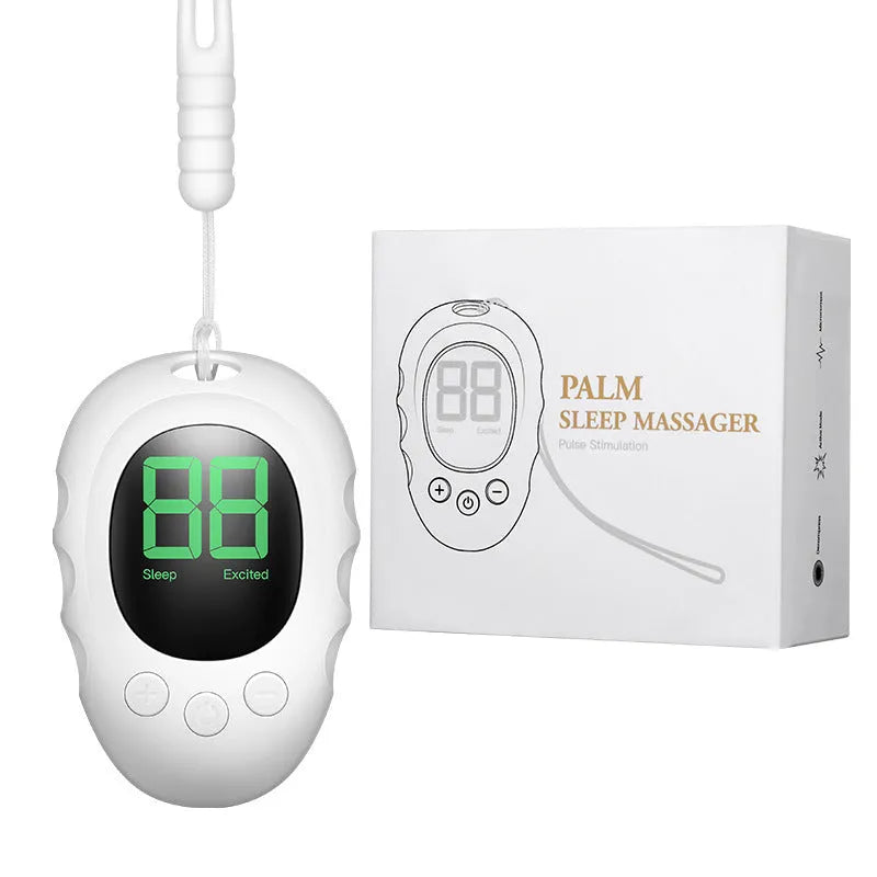 Silicone sleep aid hand grip device in white, black, and green colour options with charging cable