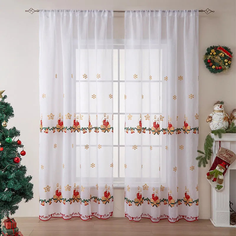 Pair of American Christmas curtains with embroidered snowflake design on polyester fabric