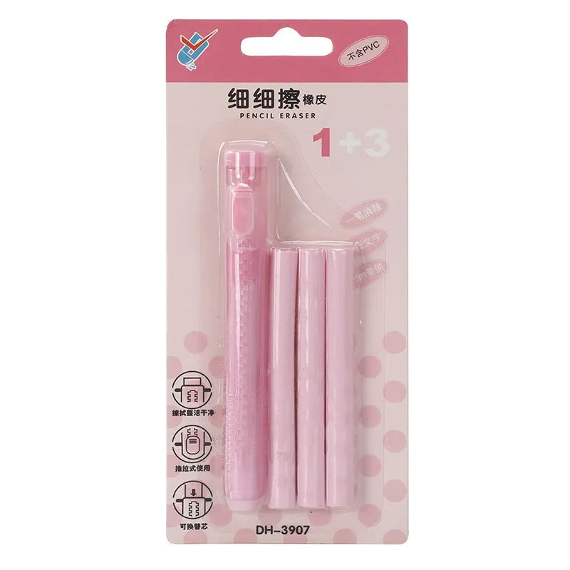 Children's push-type automatic eraser in blue, green, pink or purple measuring 12x8cm