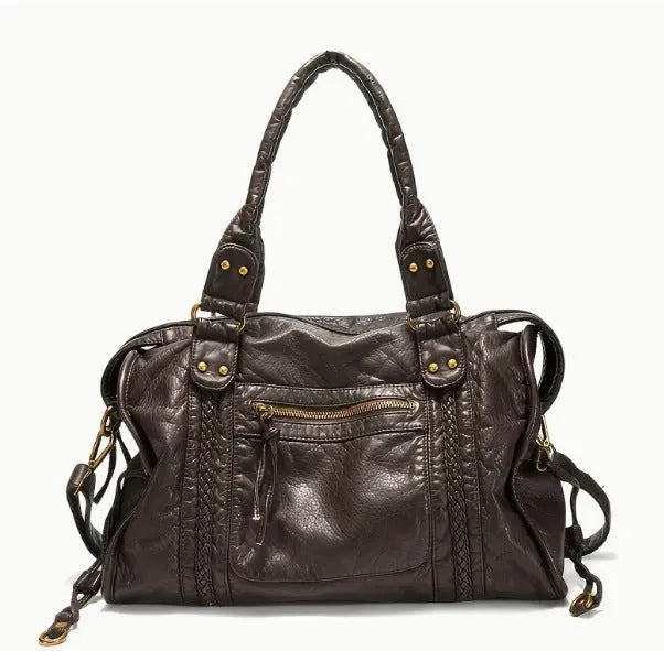 Women's European retro motorcycle messenger bag in bright black with golden edge showing weaving details and shoulder strap