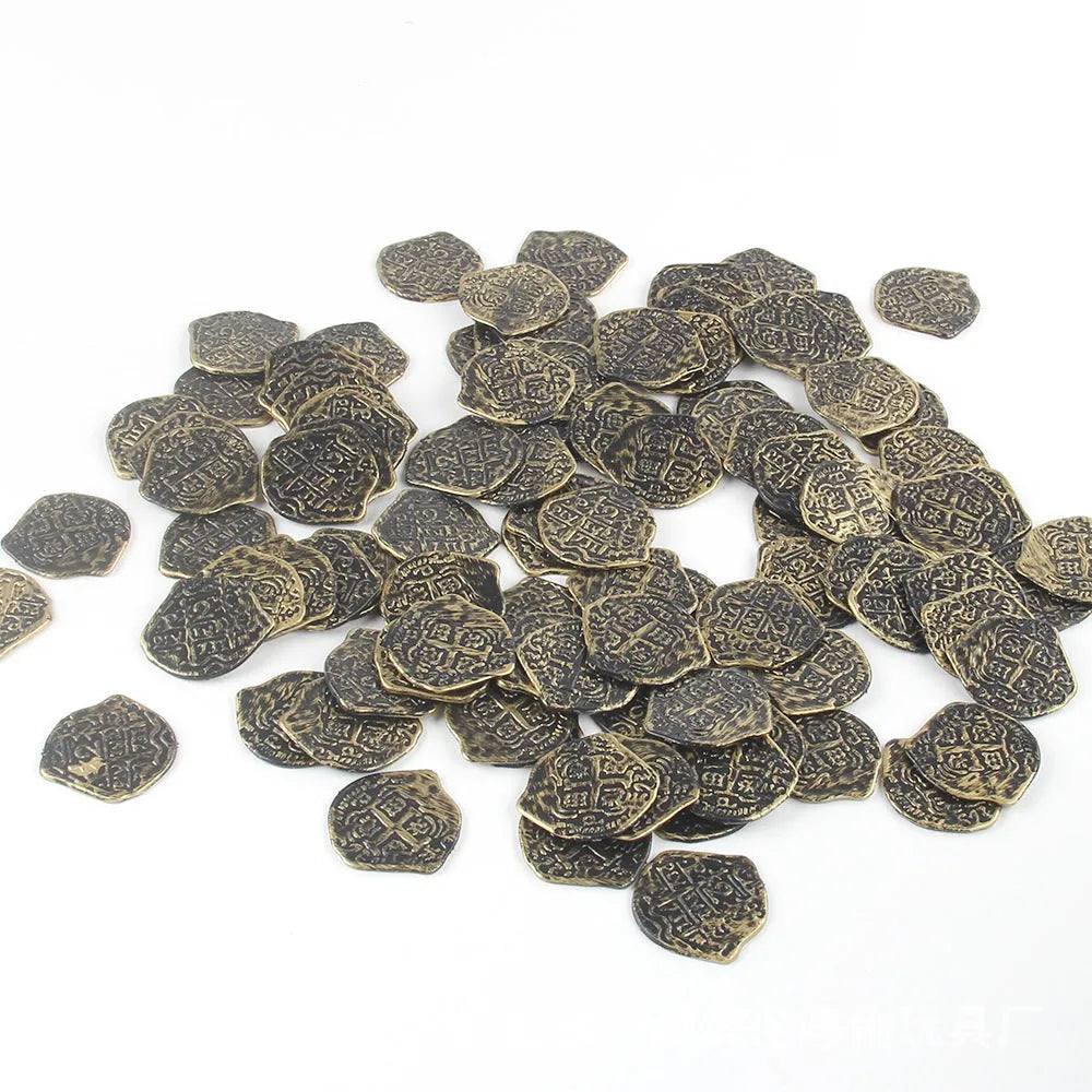 Set of 100 electroplated plastic Roman pirate coins in choice of bronze, gold, or silver finish.