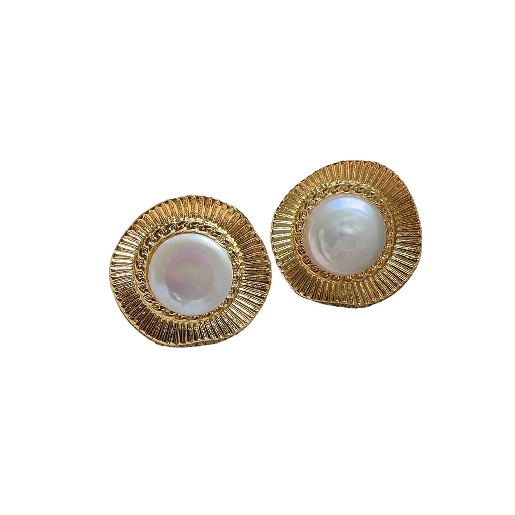 Gold electroplated round earrings with French retro styling for women