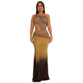 Women's sleeveless cross-shoulder dress in a gradient colour with a high waist and long skirt.