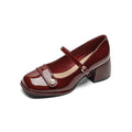 French style chunky heel pump shoes with square toe and patent leather upper in apricot colour