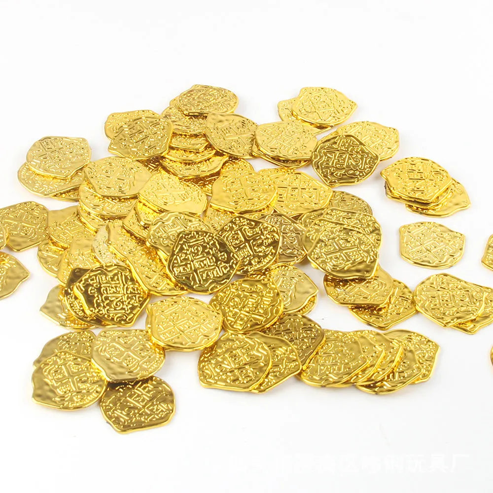 Set of 100 electroplated plastic Roman pirate coins in choice of bronze, gold, or silver finish.
