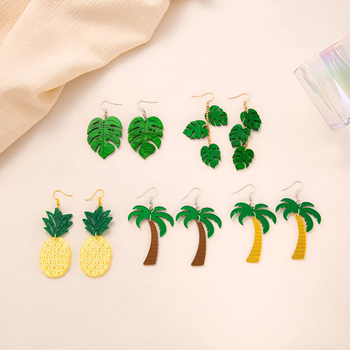Acrylic drop-shaped earrings with coconut leaf pattern in one of five colours on an alloy hook.