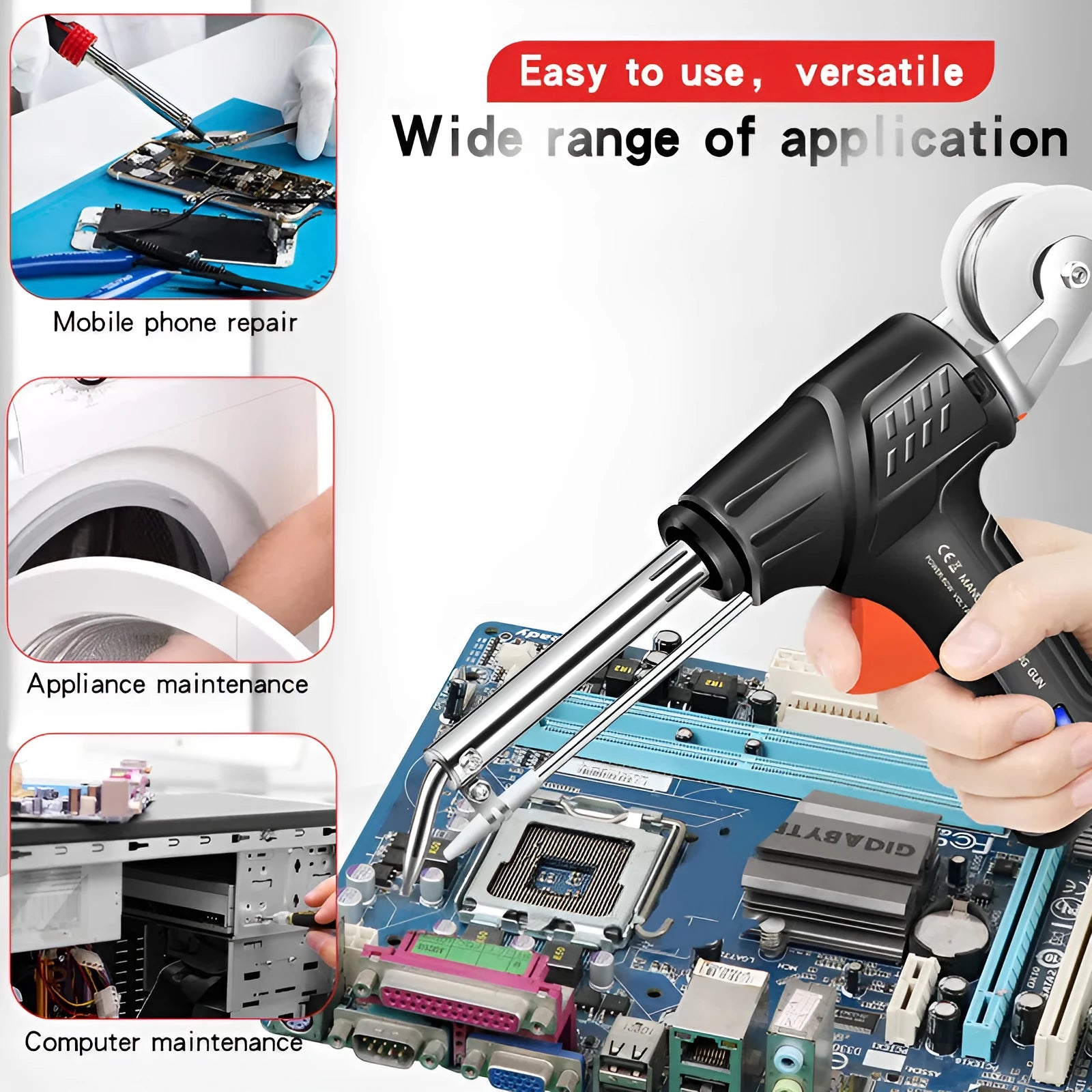 Black G102 alloy soldering gun with light from a five piece tool kit on a workbench.
