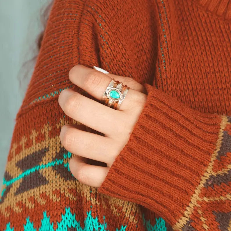 Retro alloy ring with green pine tree design and three-colour antique electroplated finish.