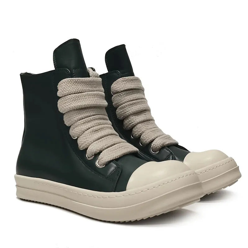 Black genuine leather high-top sneakers with side zipper and platform sole.