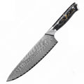Eight-piece Damascus steel kitchen knife set showing fishbone pattern, including chef, boning, utility, and fruit knives.