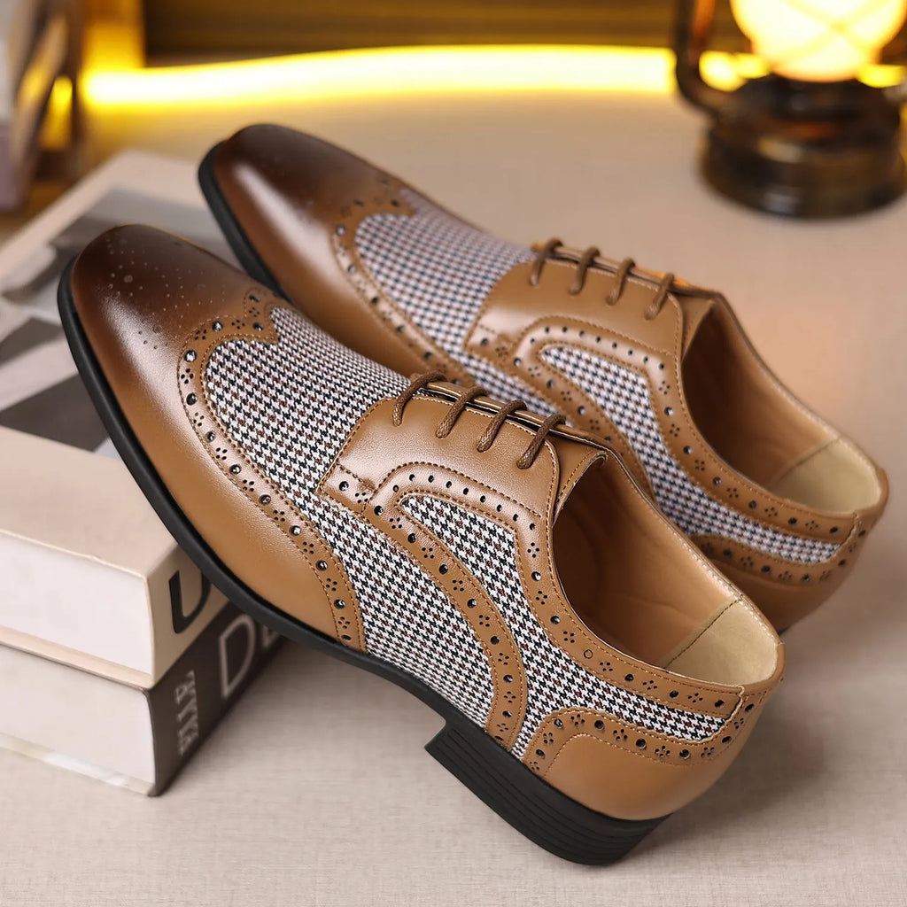 Men's black houndstooth plaid casual leather shoes with square toe and lace-up design