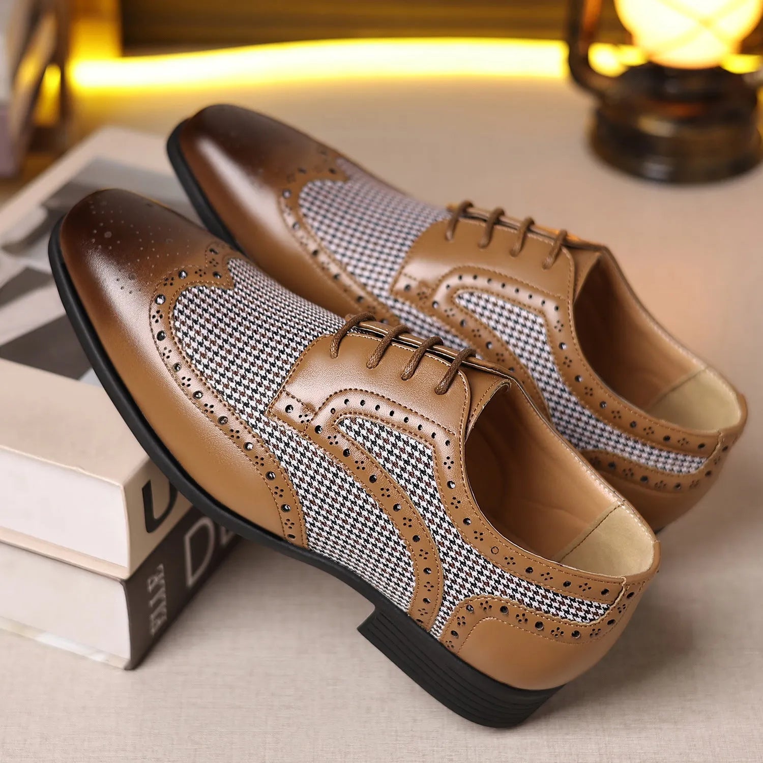 Men's black houndstooth plaid casual leather shoes with square toe and lace-up design