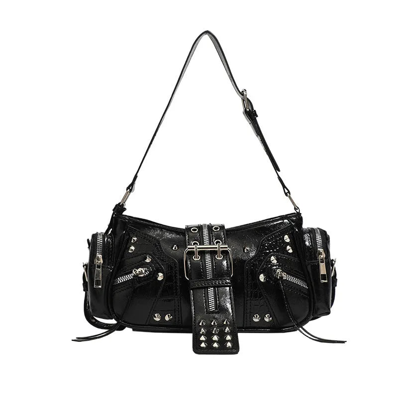 Black dumpling shaped retro shoulder handbag with oil wax PU leather and organisational compartments