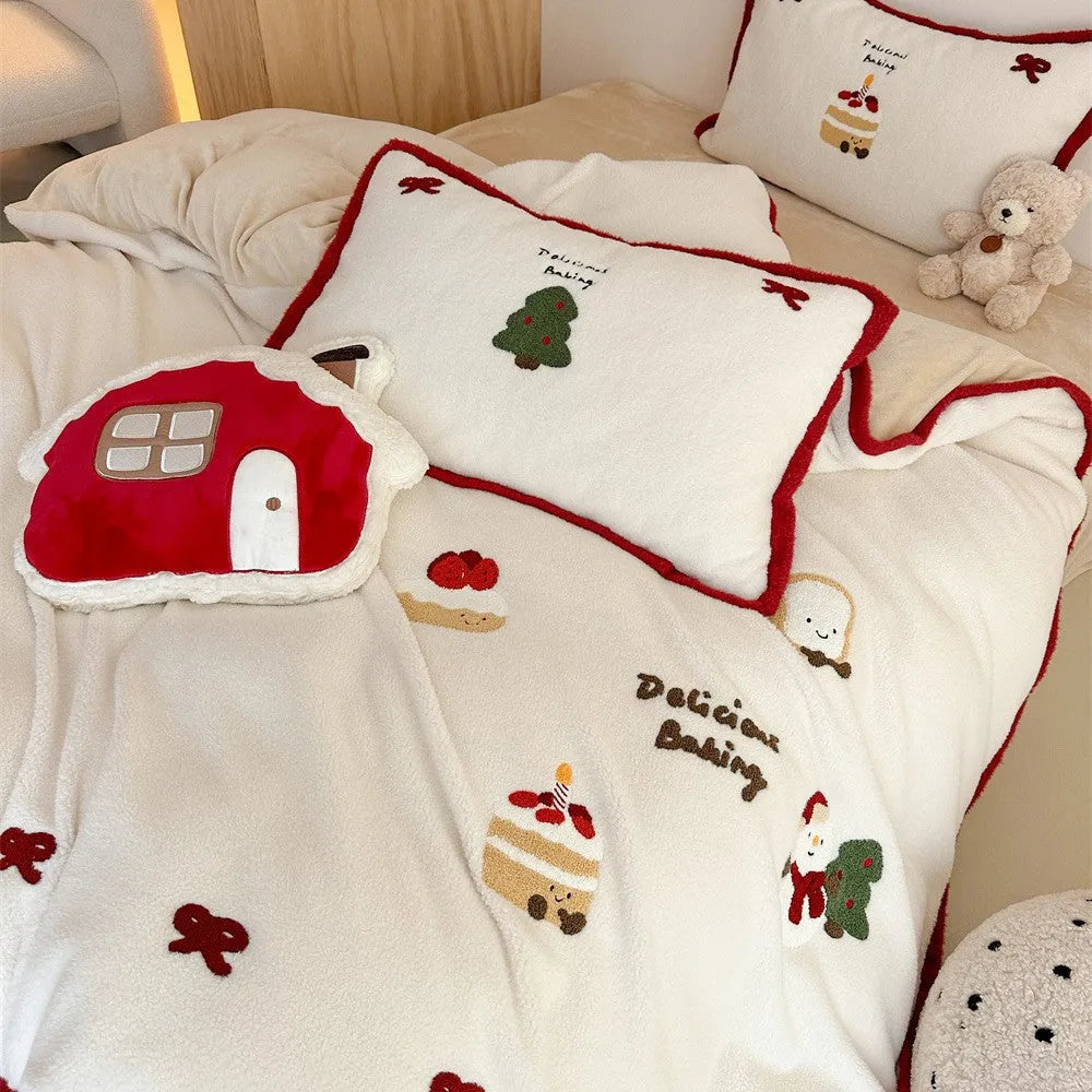 Winter Christmas cartoon bedding four-piece set with snowman design on polyester material
