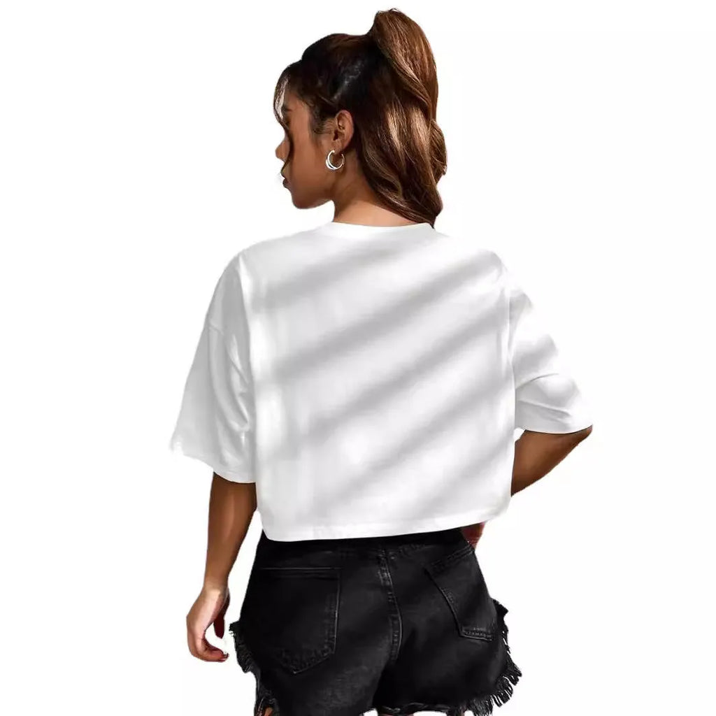 A black loose-fit cotton t-shirt with a printed design of white English letters across the chest.