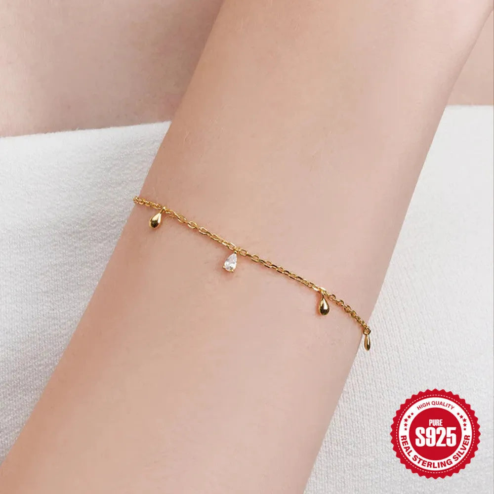 Gold tone S925 sterling silver bracelet with water drop diamond pendant geometric design