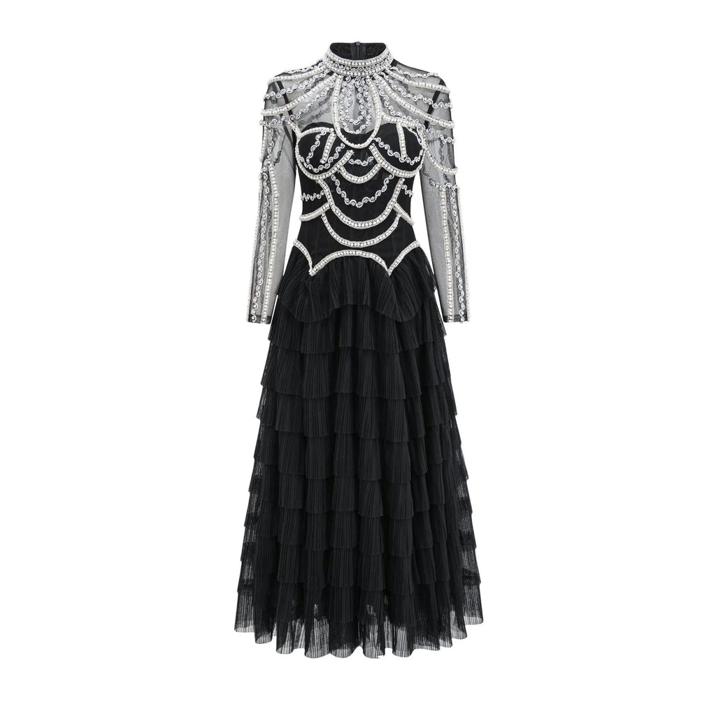 Women's long sleeve black dress with bead decoration on polyester fabric, mid waist design