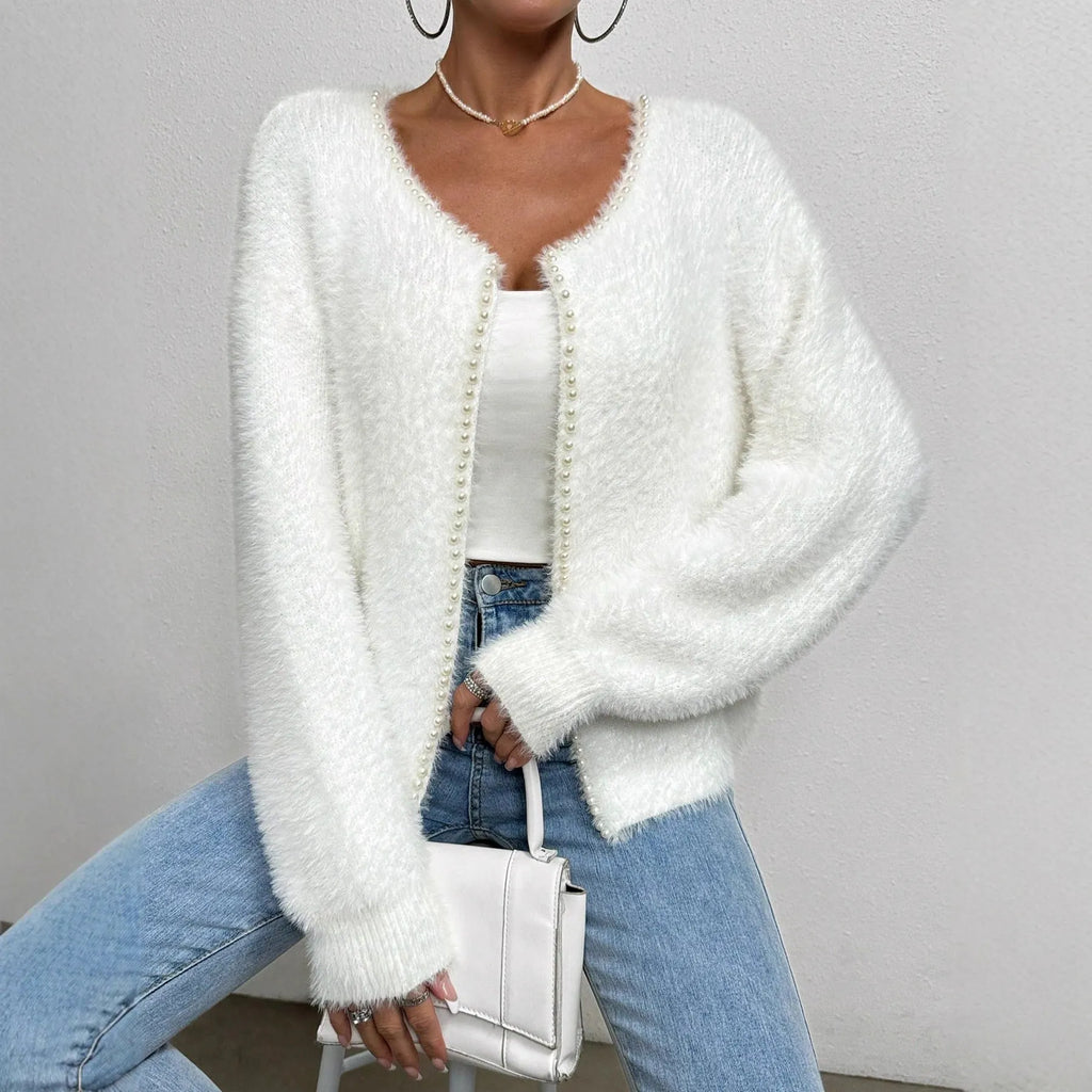 Women's white V-neck cardigan with open front design and polyester knitted fabric