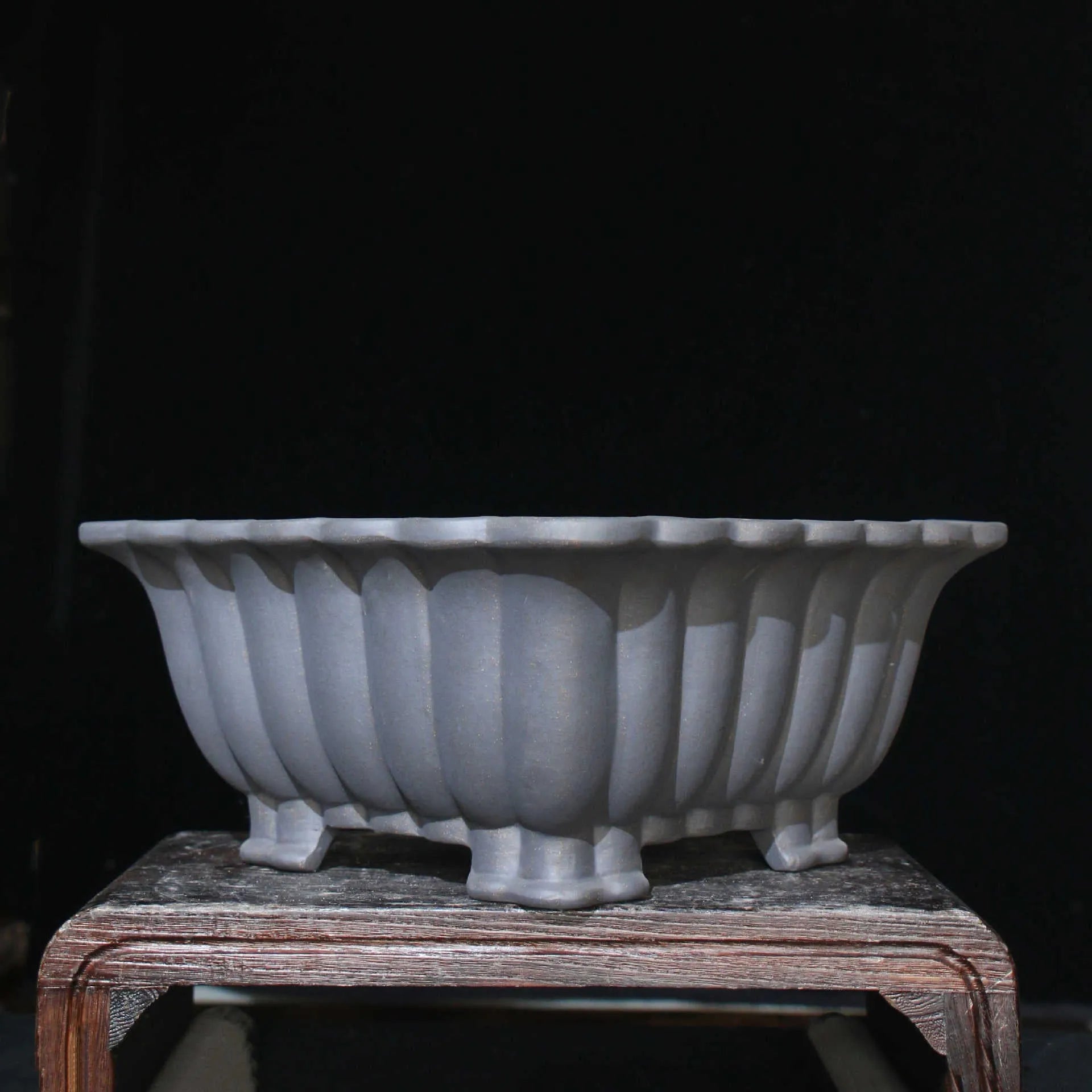 Purple sand ceramic square bonsai pot with 37cm x 15cm inner diameter on desktop