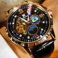 Men's black automatic watch with rose gold shell, large hollow dial, and genuine leather strap.