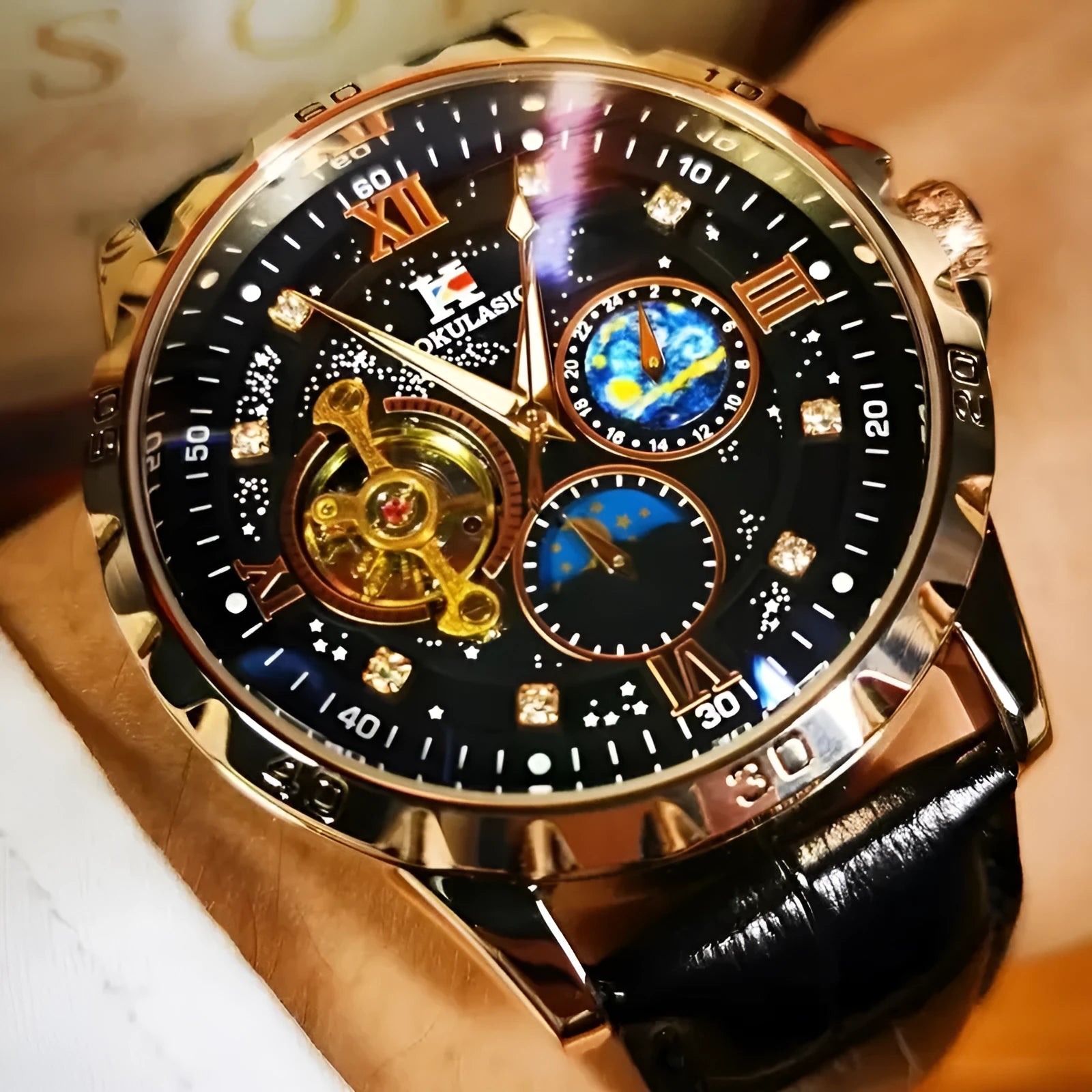 Men's black automatic watch with rose gold shell, large hollow dial, and genuine leather strap.