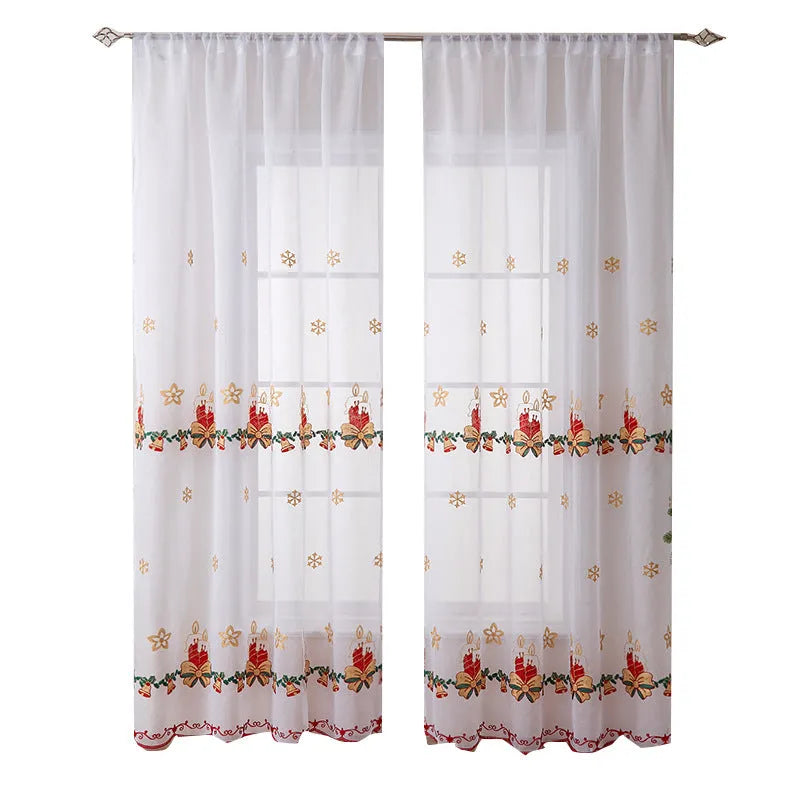 Pair of American Christmas curtains with embroidered snowflake design on polyester fabric