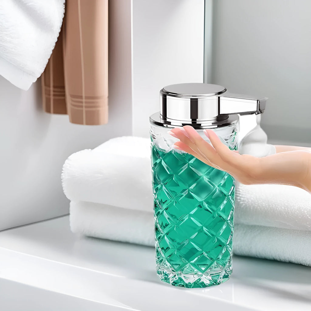 Automatic sensor soap dispenser with silver finish and USB-C charging port.