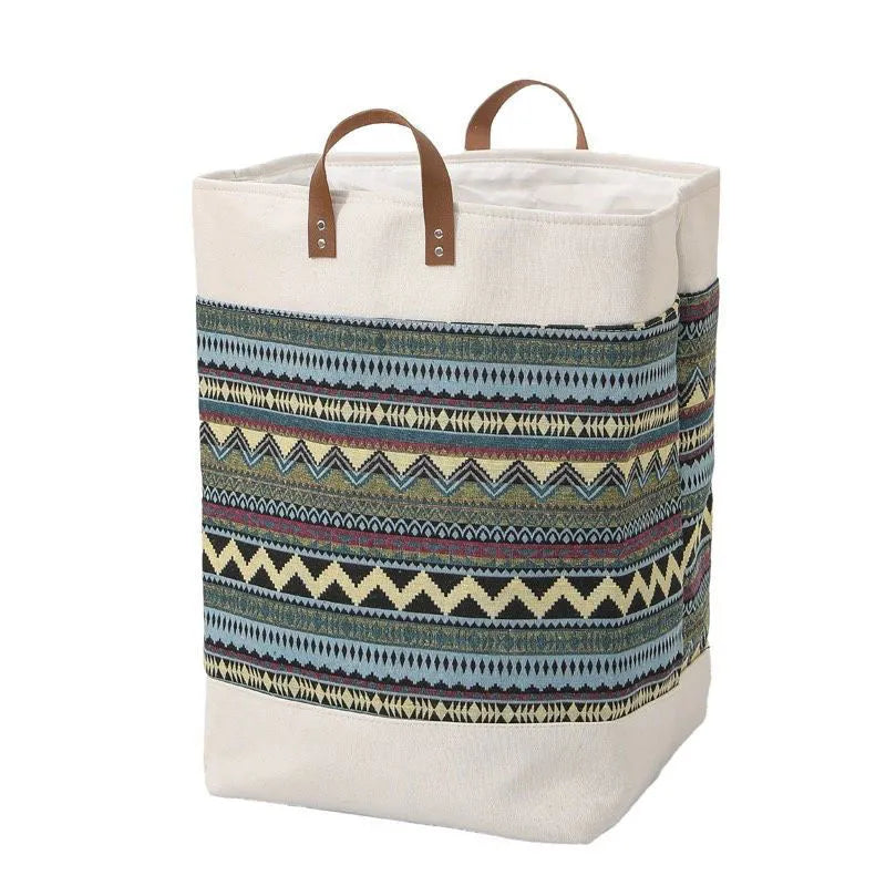 Fabric storage box organiser in a choice of colours including sunflower and ethnic blue, shown with dimensions 35cm x 35cm x 55cm.