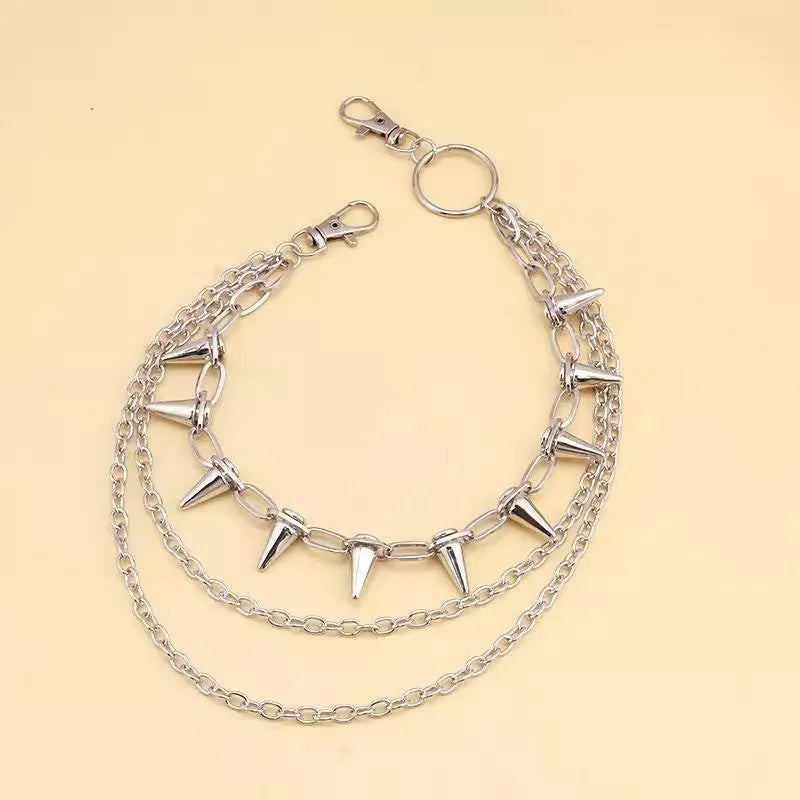 Silver metal pants chain with double-layer design and rivet detailing for punk hip hop fashion