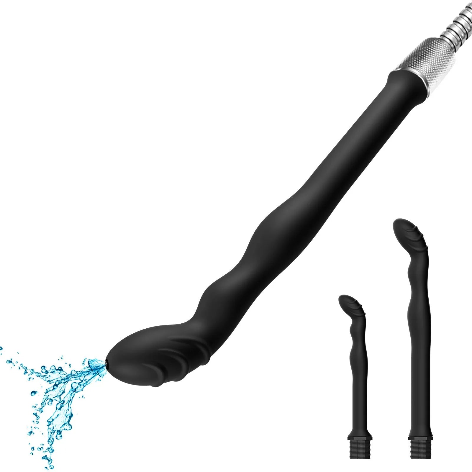 Black silicone hosepipe flusher for manual washing and irrigation tasks.