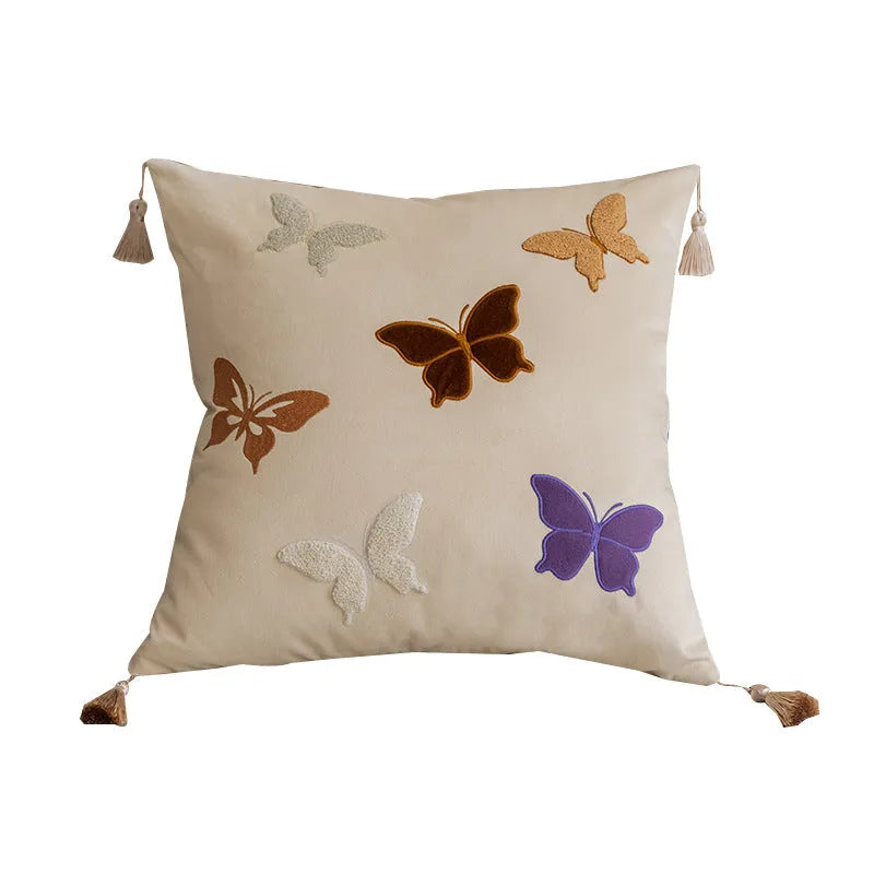 Square beige cushion with detailed Chinese-style butterfly embroidery, 45x45cm.