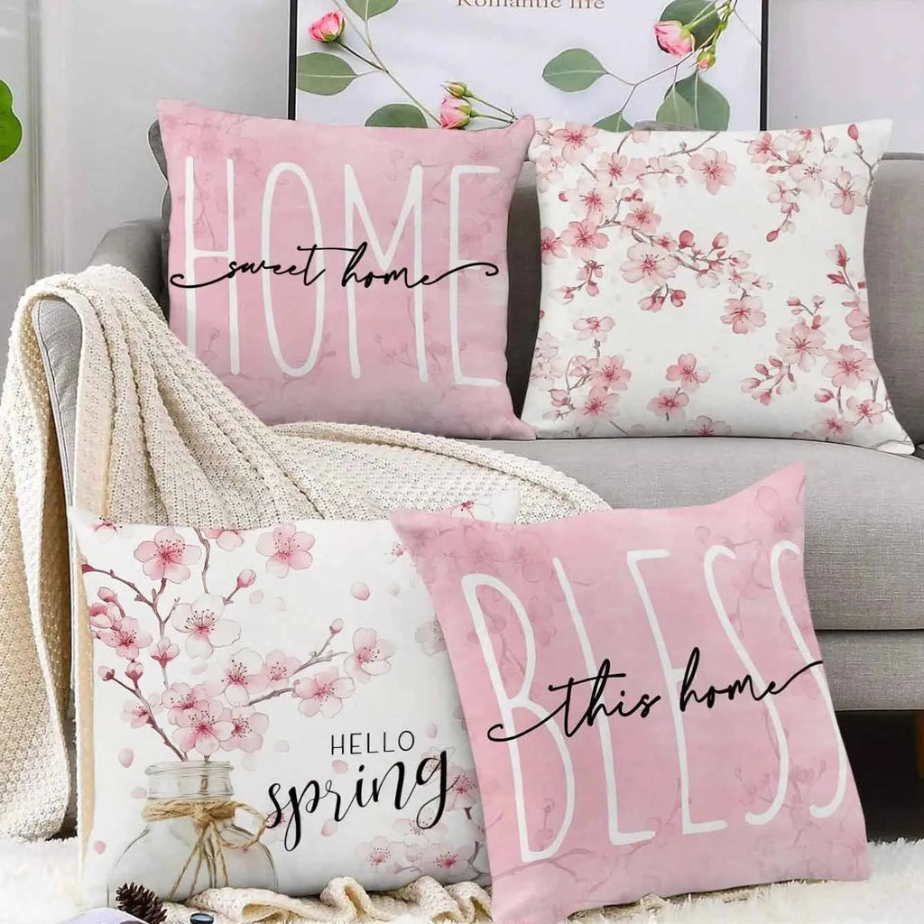 Square short velvet cushion cover with cherry blossom and letter print, 45cm.