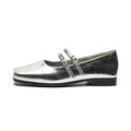 Women's silver genuine leather Mary Jane flats with a cross buckle strap and low flat heel.