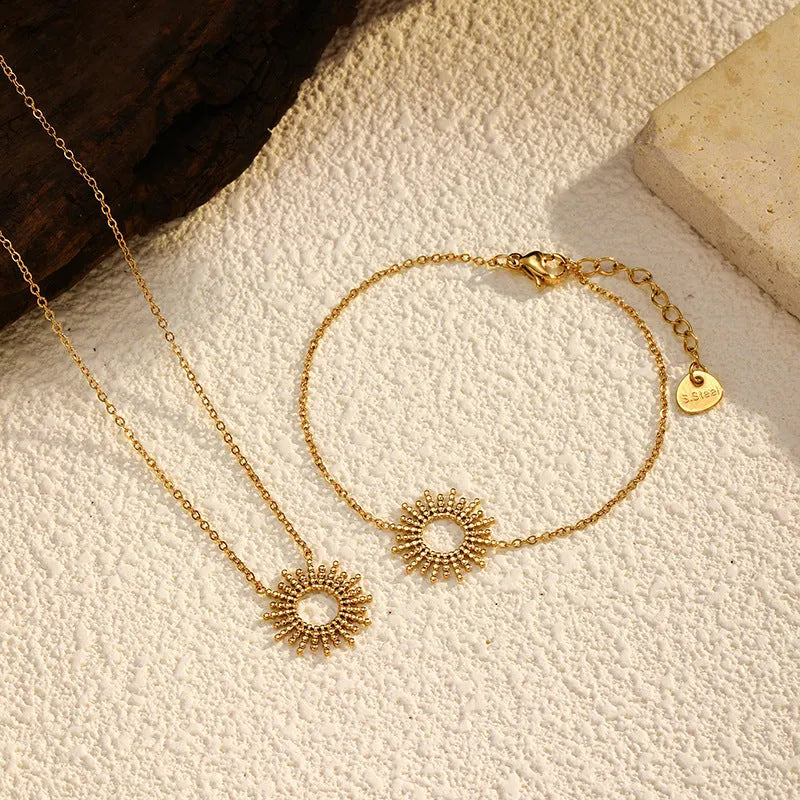 Sunflower Series 14K gold plated geometric chain necklace and bracelet set for women.