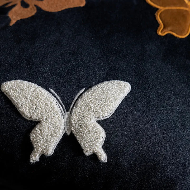 Square beige cushion with detailed Chinese-style butterfly embroidery, 45x45cm.