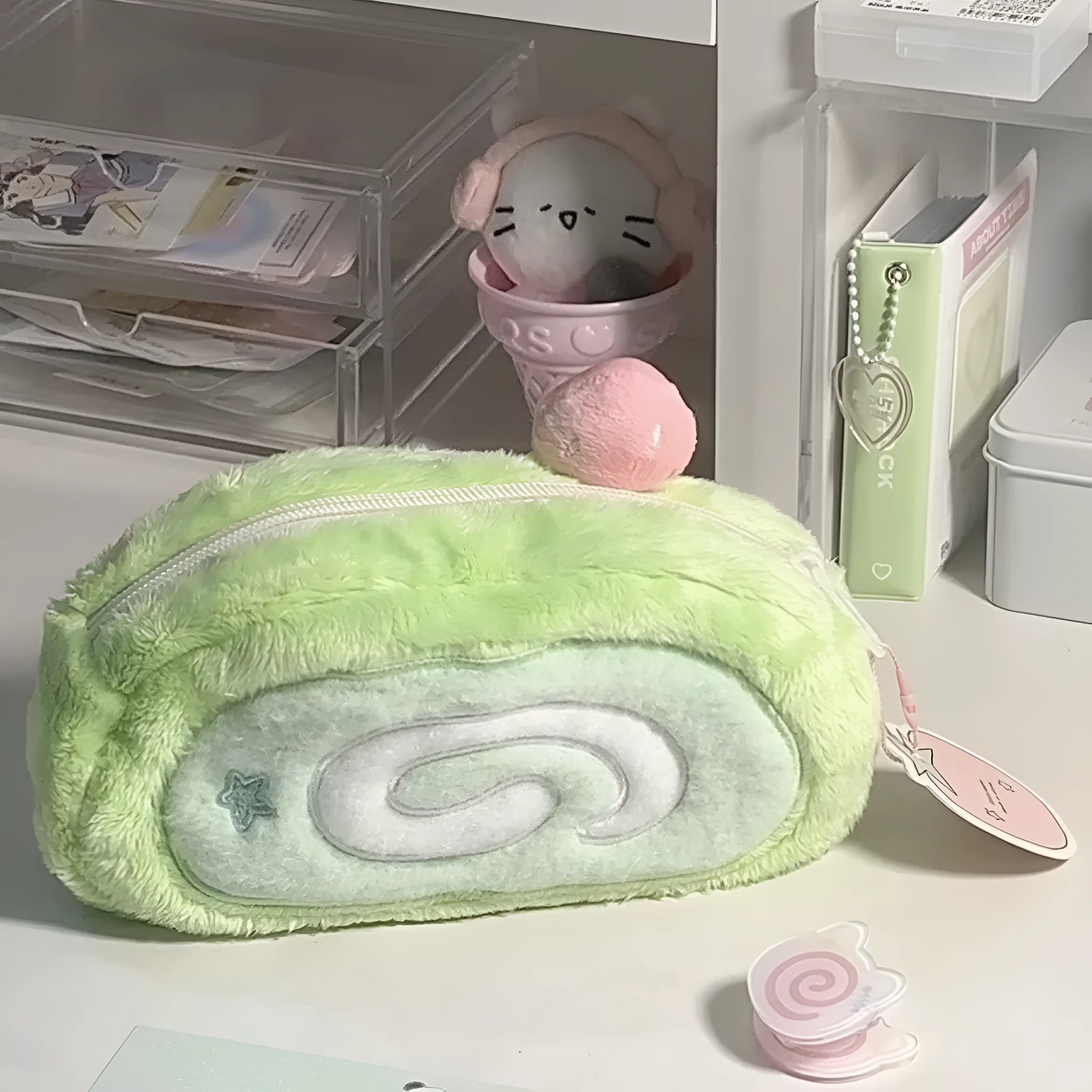 Velvet pencil case in Swiss roll cake design with zip closure for stationery storage