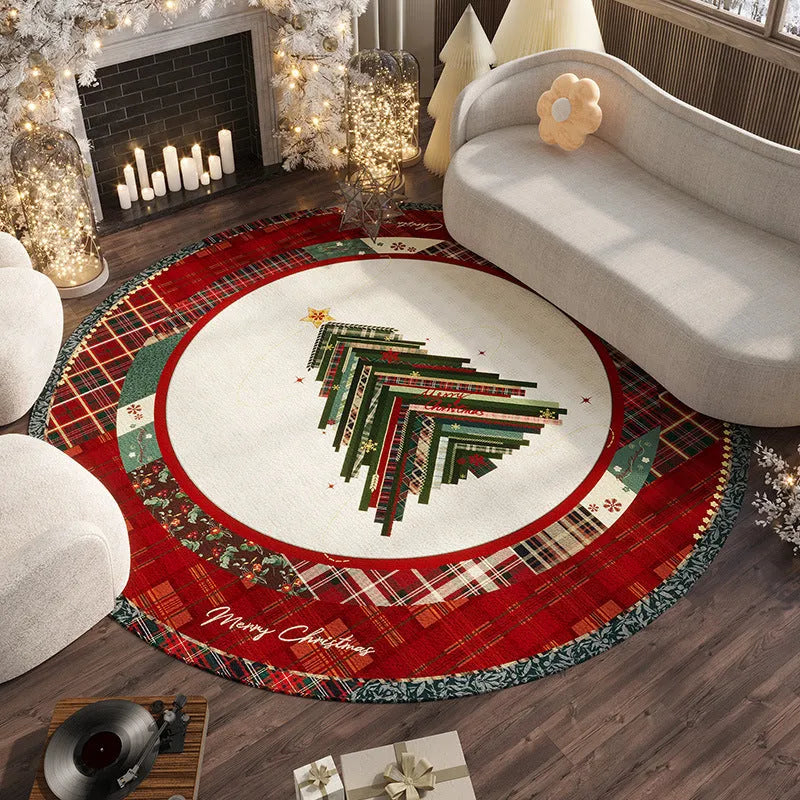 Round red Christmas carpet with festive design and non-slip backing on hardwood floor