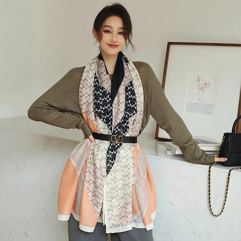 Women's polyester printed scarf in mid-length 180cm by 90cm dimensions for autumn wear
