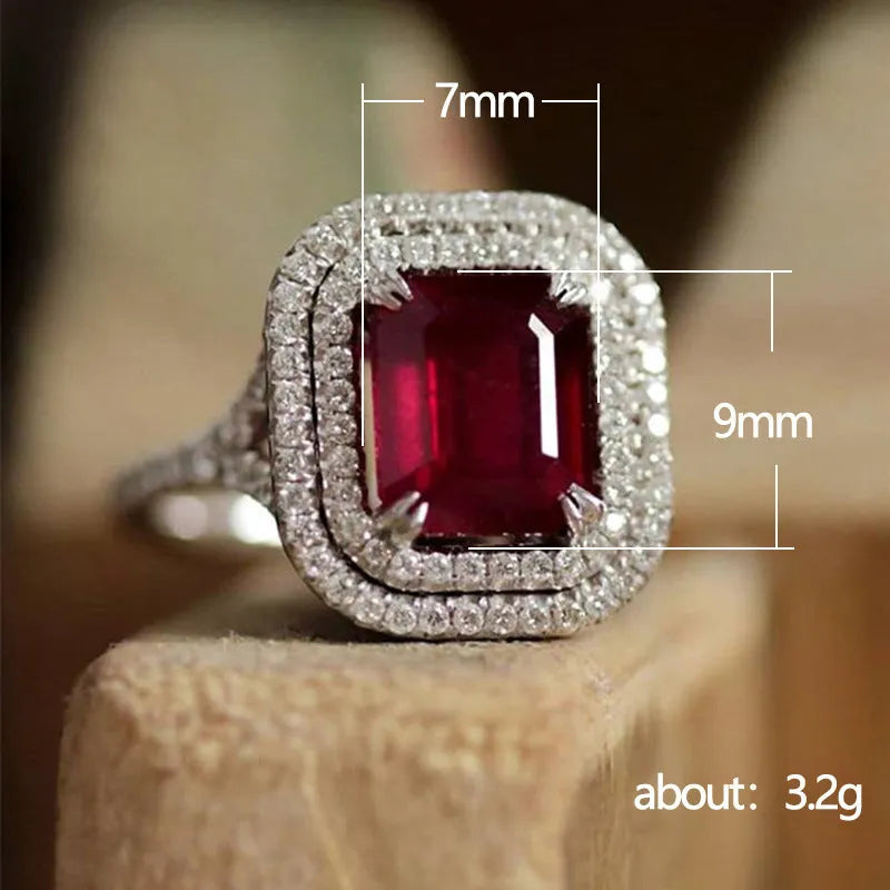 Copper square geometric women's ring with a central rhinestone in red colour