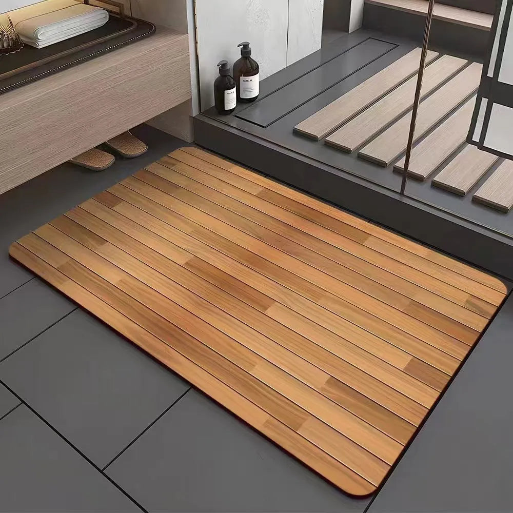 Square American wood grain patterned diatom ooze bathroom floor mat on a tiled floor.