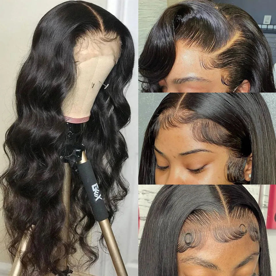 Black synthetic lace front wig with long curly hair and side bangs in an exotic style.