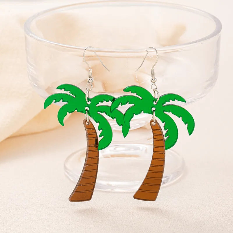 Acrylic drop-shaped earrings with coconut leaf pattern in one of five colours on an alloy hook.